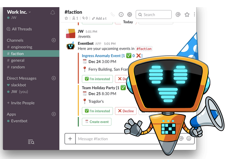 Eventbot creating and sharing a team event inside Slack