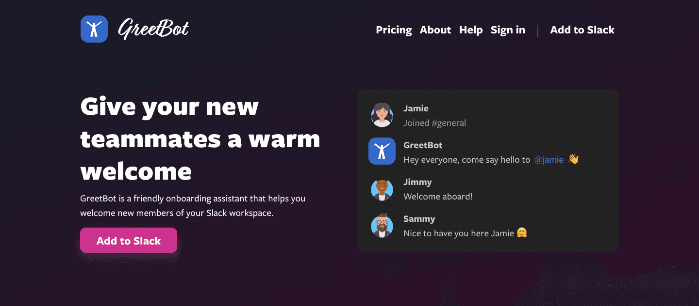 Greetbot landing page showing an automated welcome message for a new Slack member