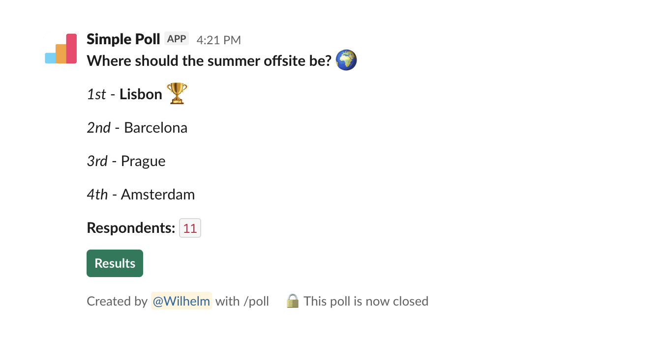 Simple Poll ranked-choice poll displayed in Slack