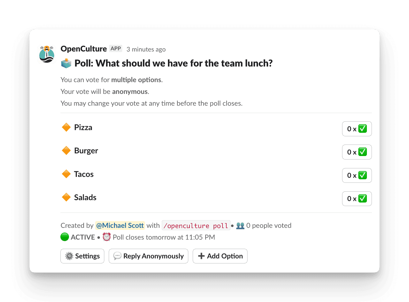 Slack message of a Poll displaying lunch options; votes currently at zero