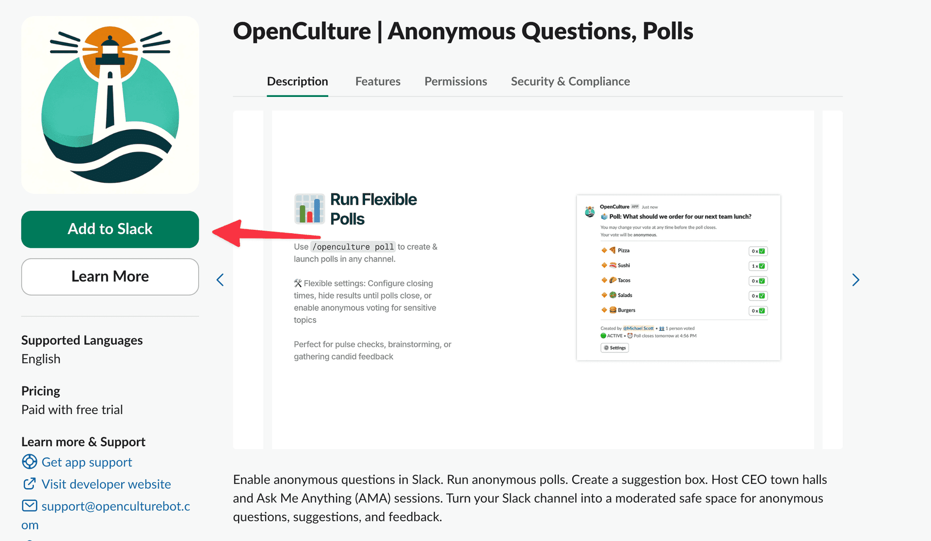 Slack app marketplace listing of OpenCulture with a red arrow pointing to the install button
