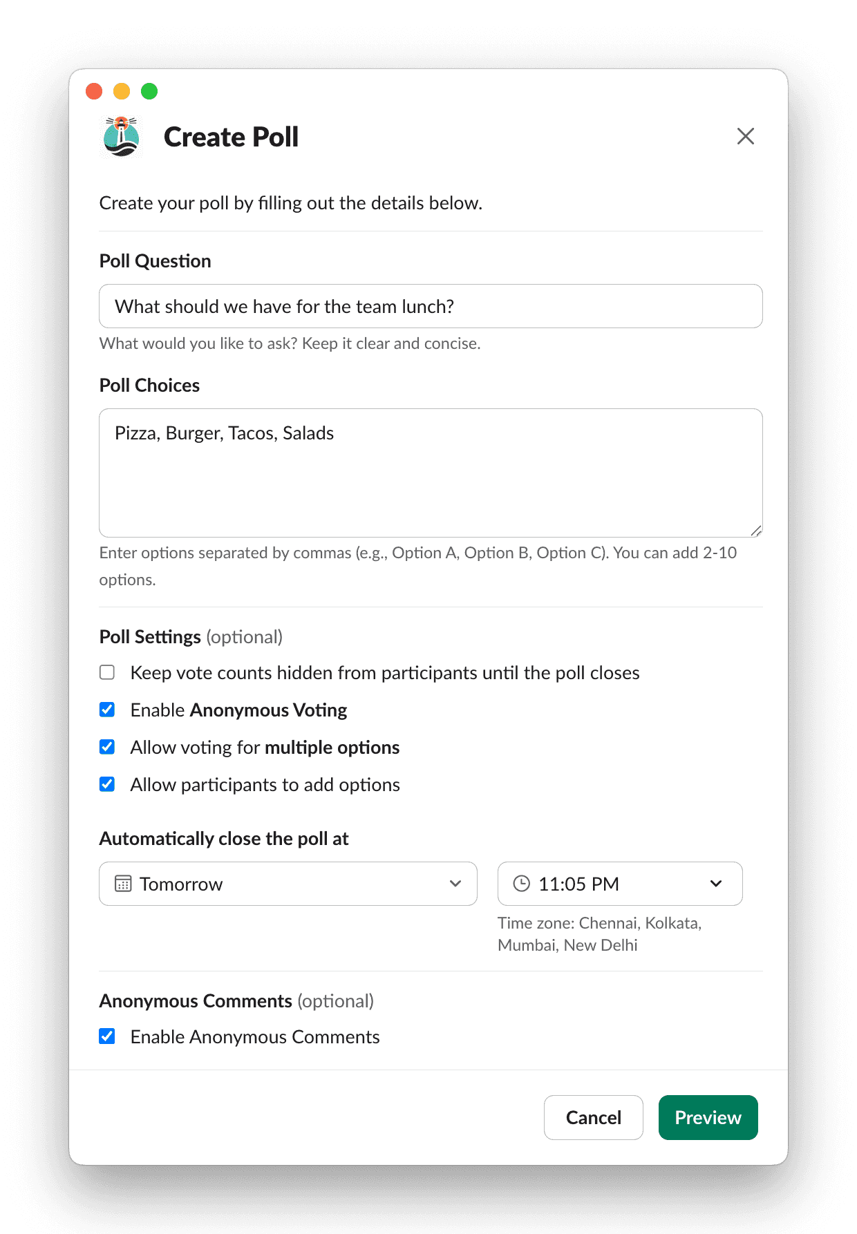 Slack app window for Poll creation interface for lunch options with choices for Pizza, Burger, Tacos, Salad