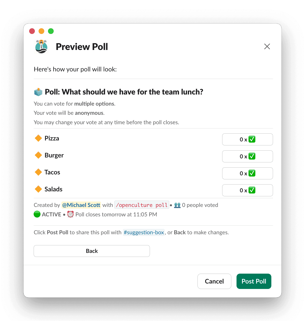 Slack app window for Poll preview, showing anonymous lunch options: pizza, burger, salad, tacos. Option to post or cancel