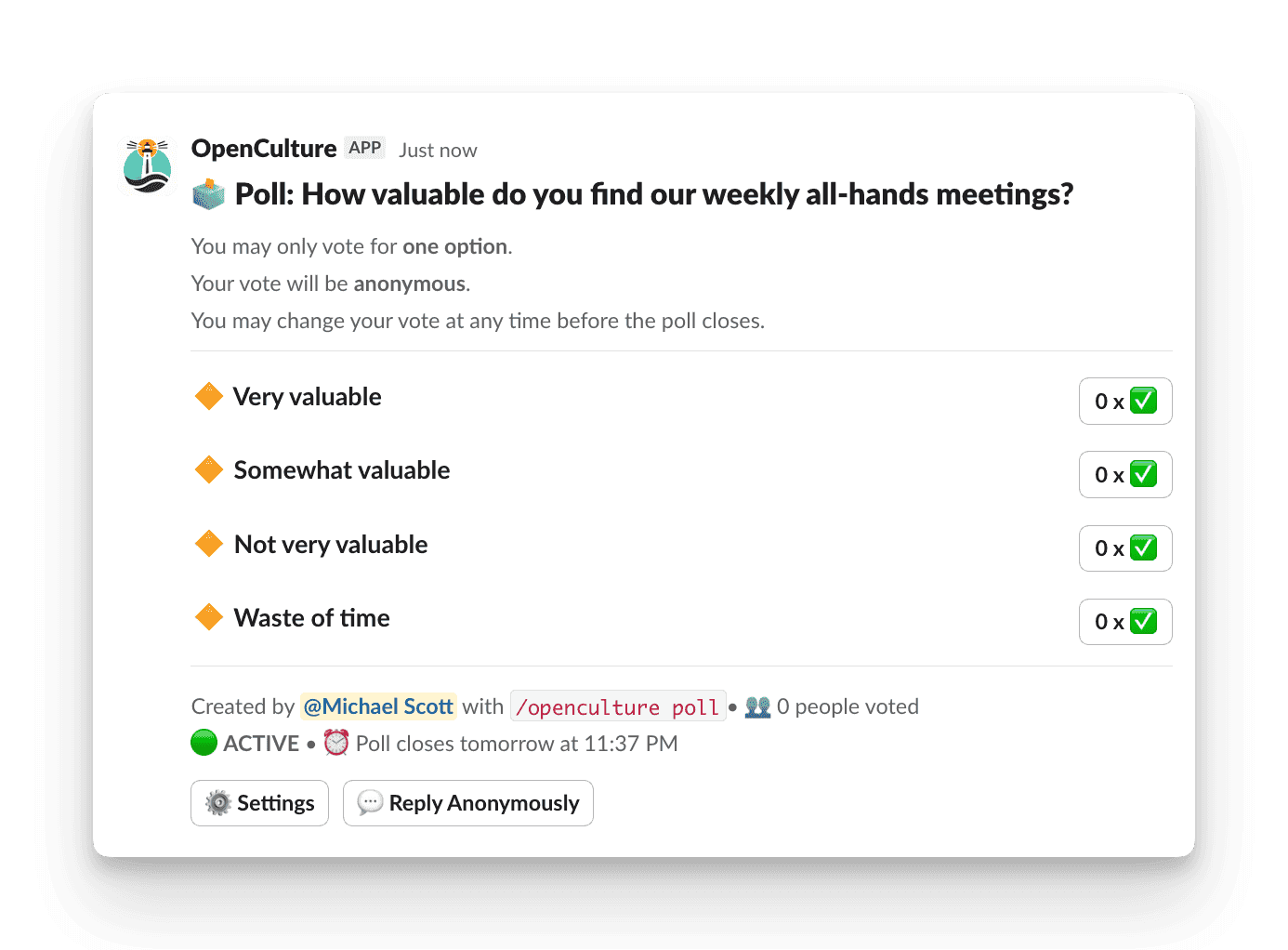 Slack message of a Poll displaying all-hands meeting value options; votes currently at zero