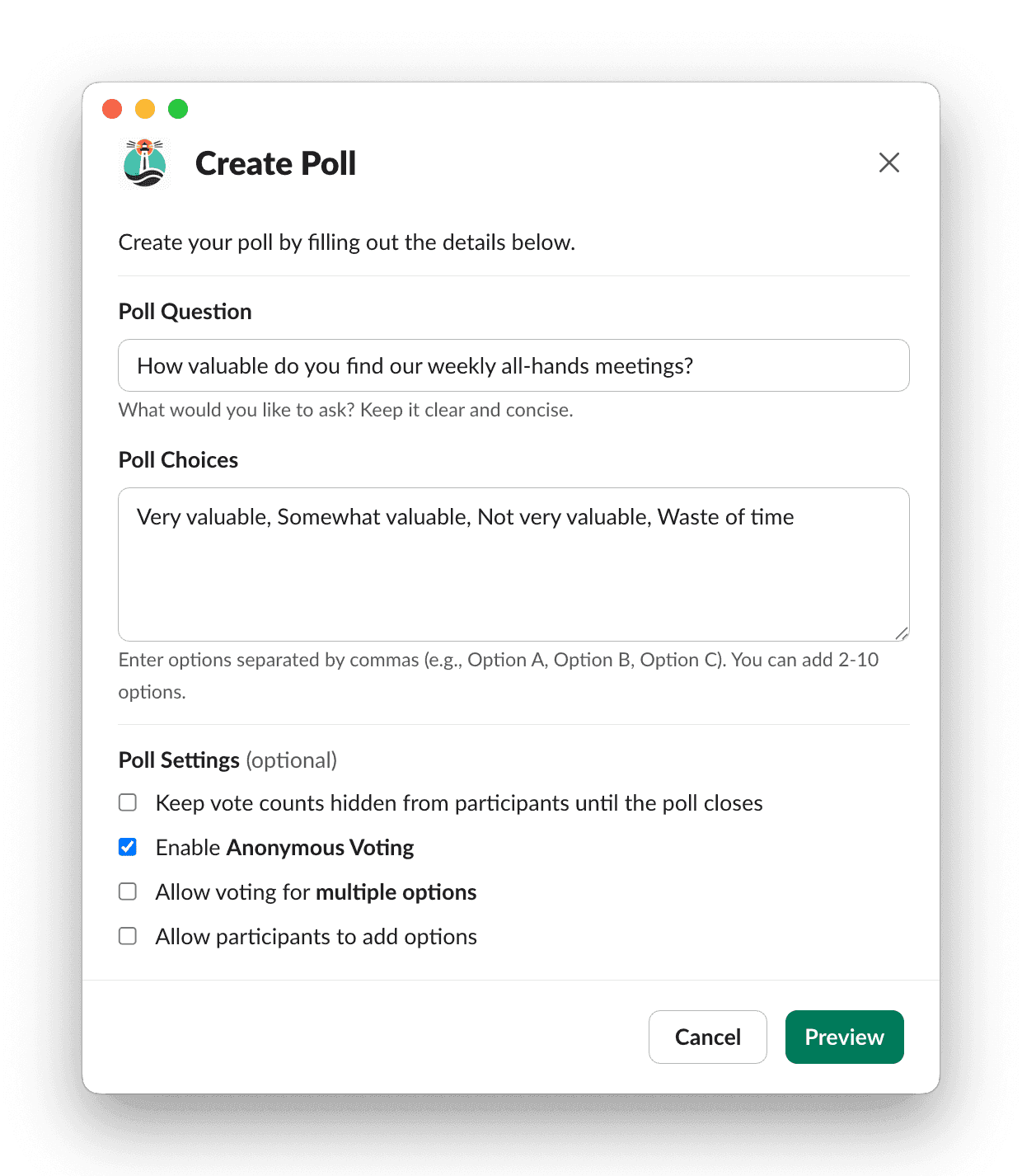 Slack app Poll creation interface asking about all-hands meeting value with four options and anonymous voting selected