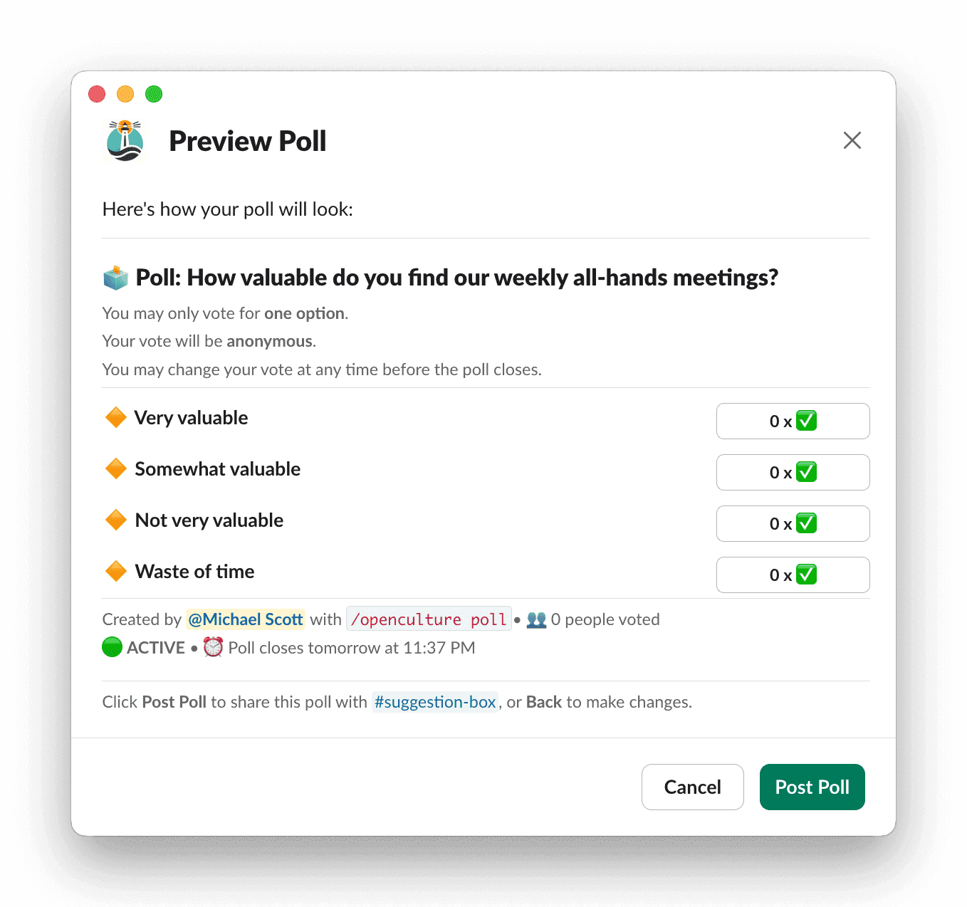 Slack app window for Poll preview, showing anonymous all-hands meeting question with options