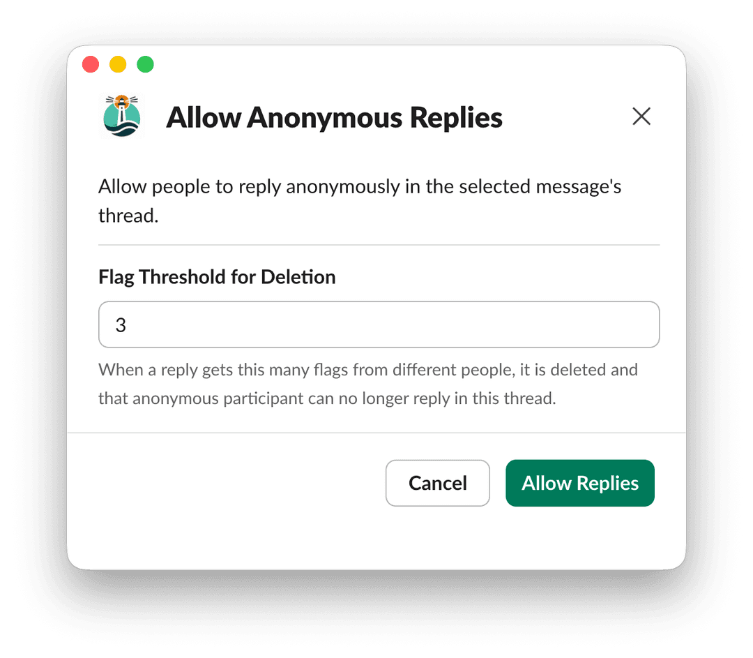 OpenCulture setup screen for enabling anonymous replies showing the flag threshold configuration