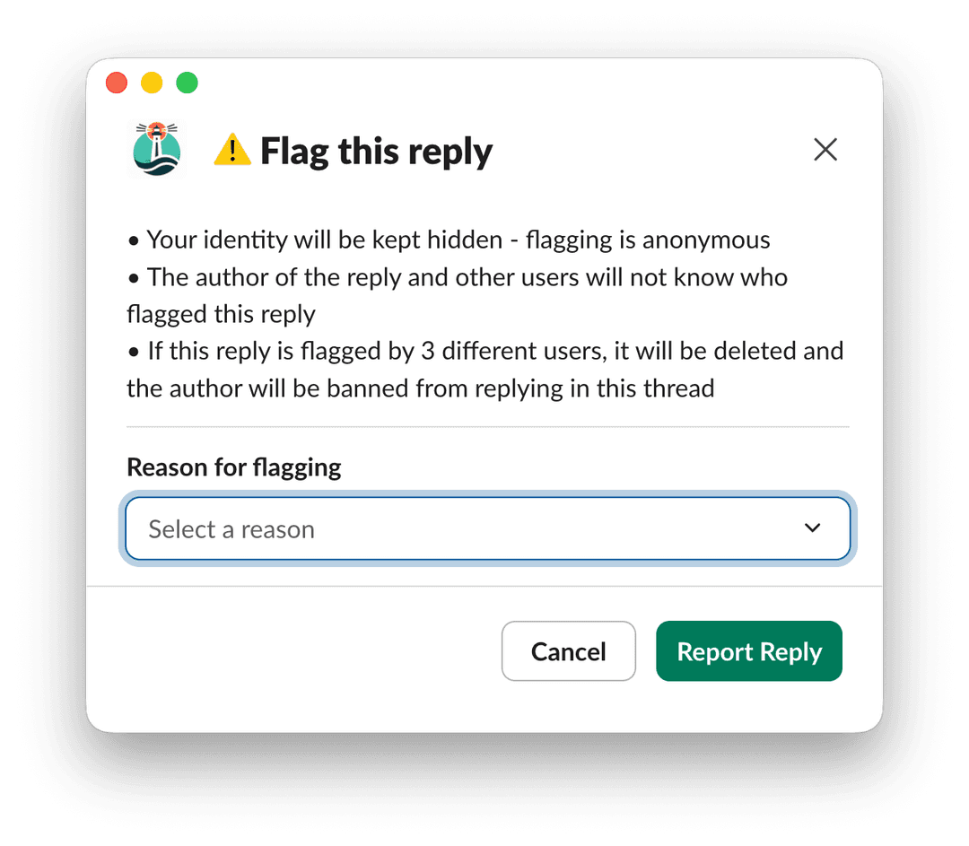 Flag/Report button on an anonymous reply in Slack for reporting inappropriate content