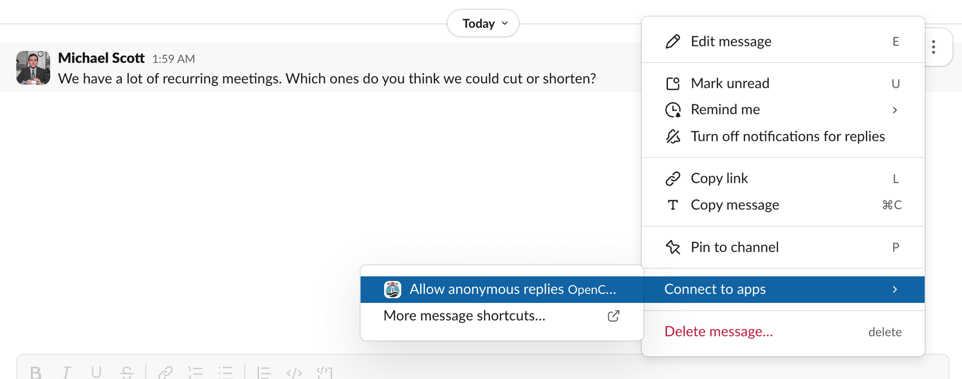 Slack message shortcut dropdown menu showing the Allow Anonymous Replies option under Message Shortcuts