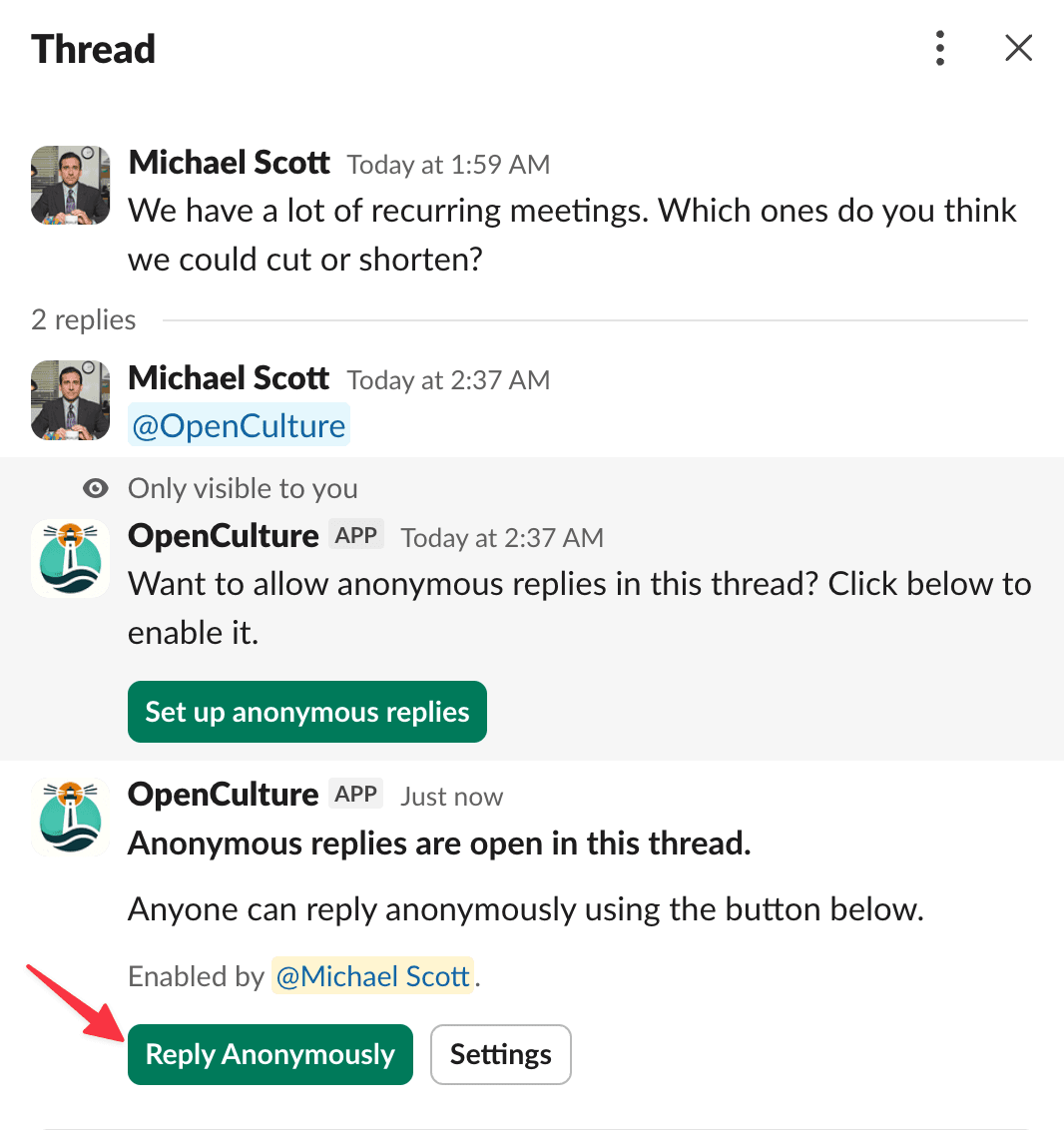 Slack thread showing the Reply Anonymously button on messages after OpenCulture has been enabled