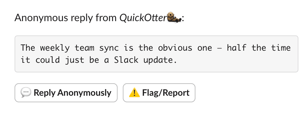 Anonymous reply posted in a Slack thread under a pseudonym with Reply Anonymously and Flag/Report buttons visible