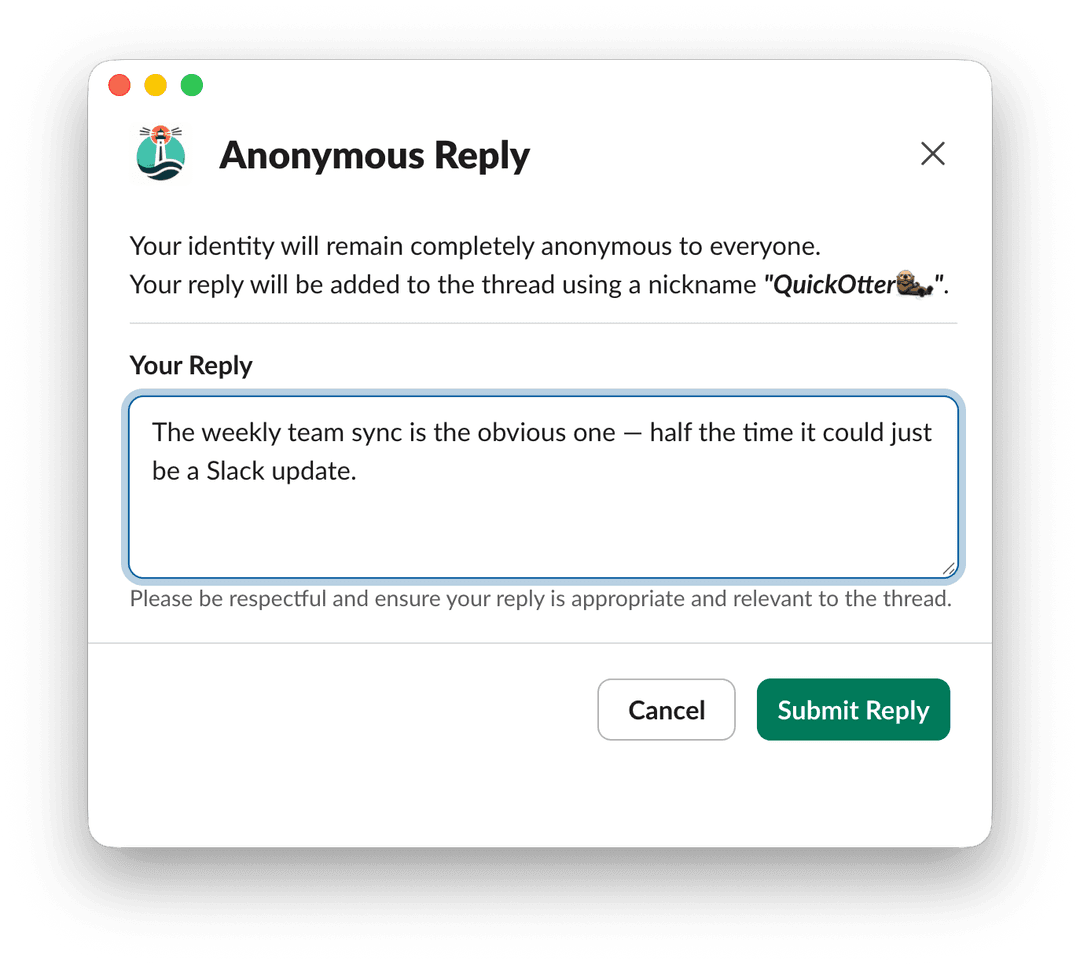 Private window for typing an anonymous reply in Slack showing the text input and submit button