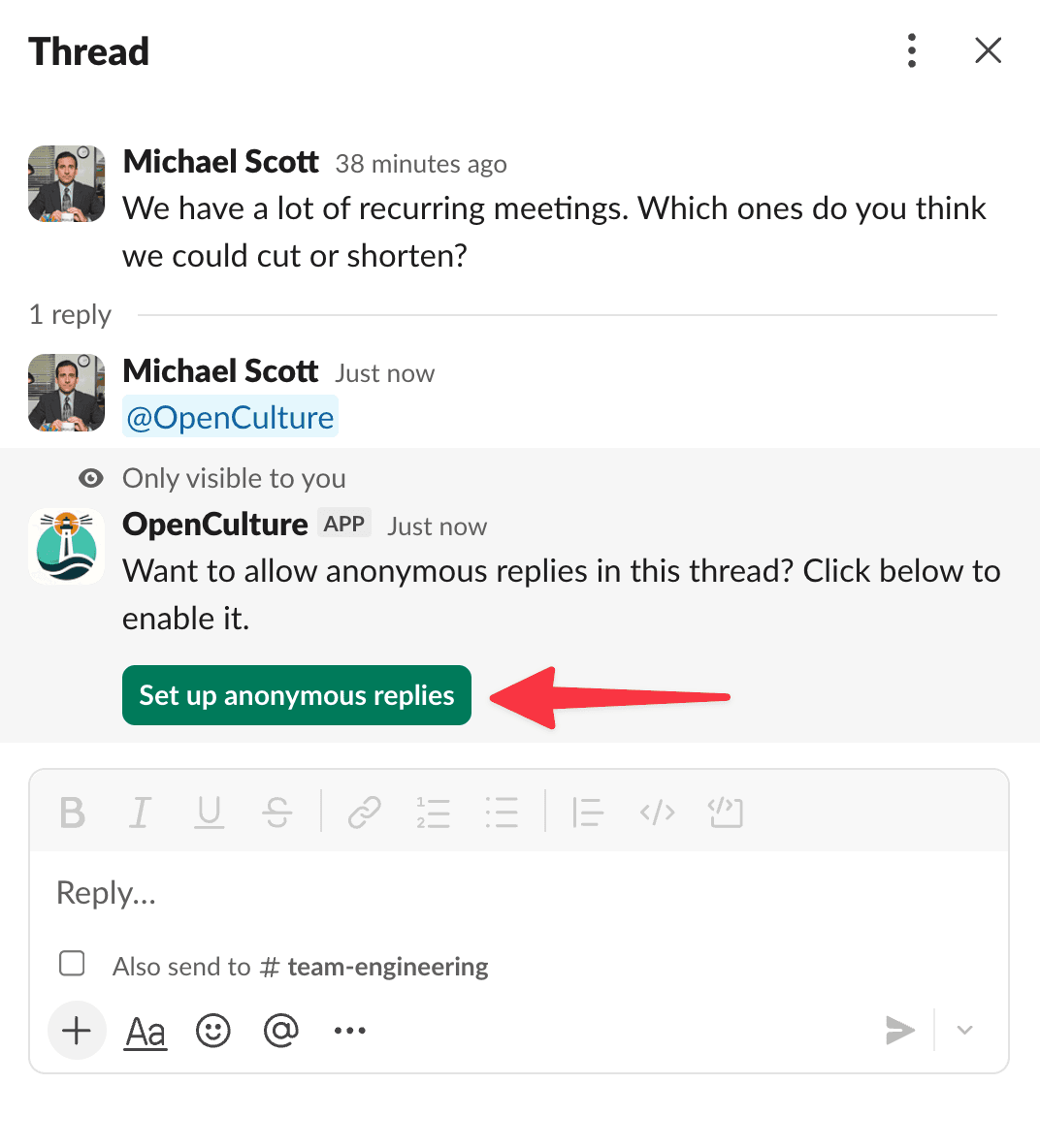 Tagging @OpenCulture in a Slack thread with an arrow pointing to the Enable Anonymous Replies button