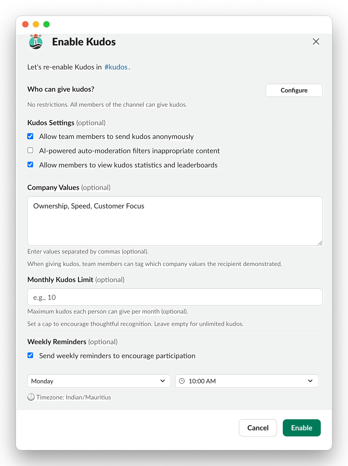 OpenCulture kudos configuration modal showing settings for anonymous kudos, values, limits, permissions, and leaderboard