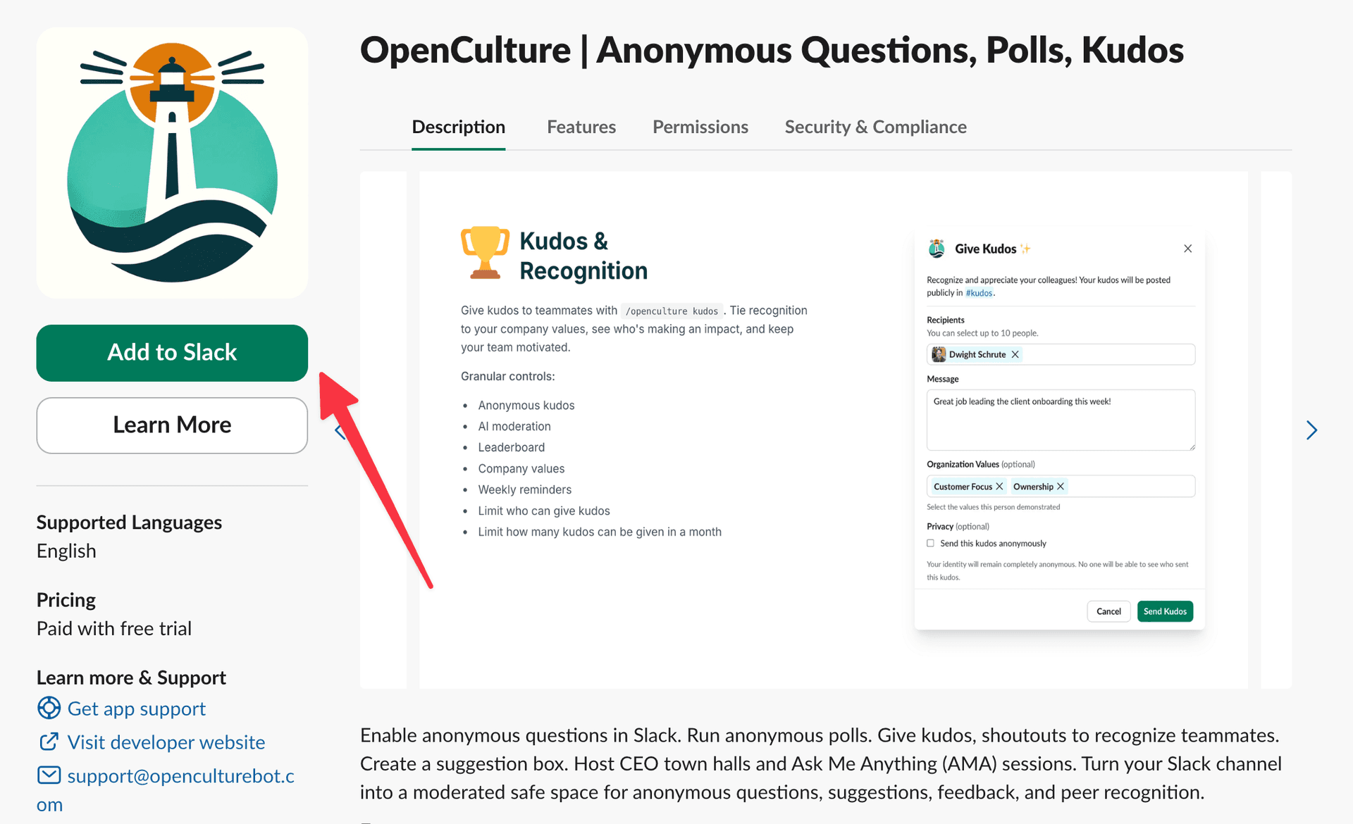 OpenCulture app listing in the Slack App Marketplace with Add to Slack button