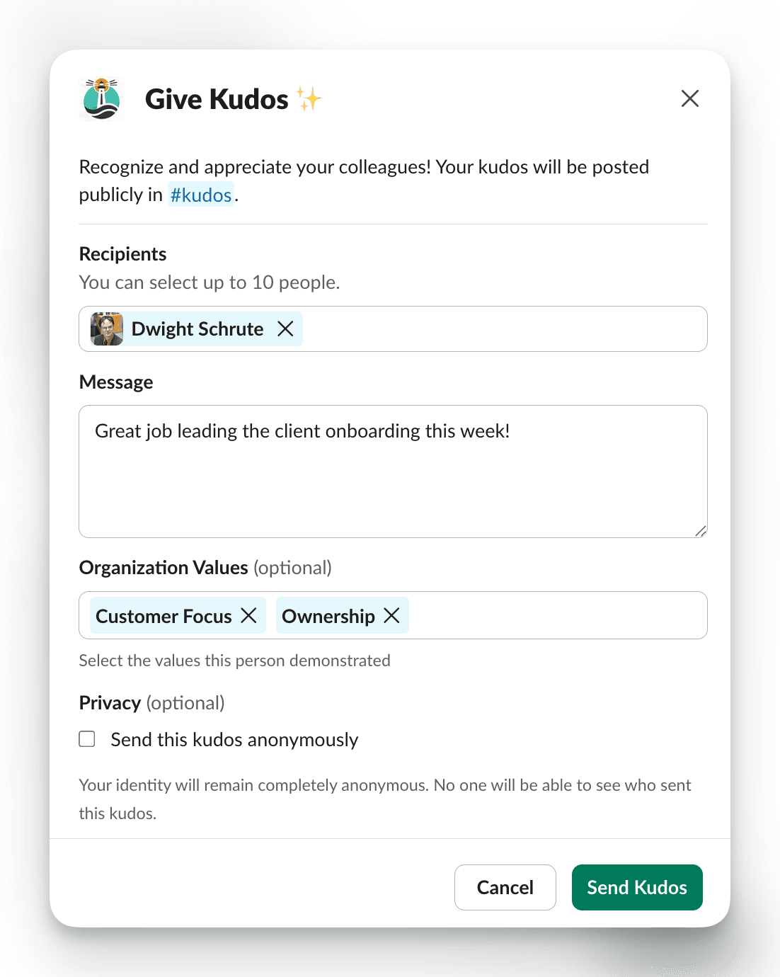 Slack modal for giving kudos showing recipient selection, message field, organization values, and anonymous option