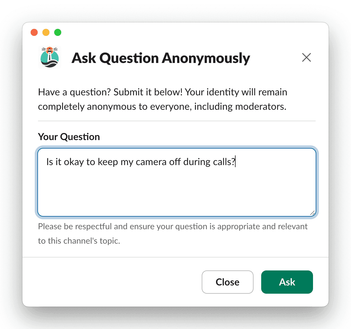Dialog box in OpenCulture for anonymously asking if it's okay to keep the camera off during calls