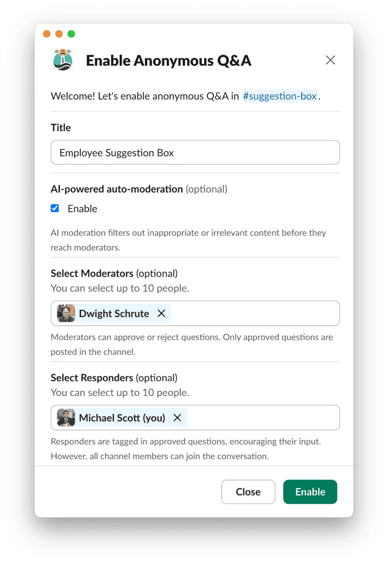 Dialog box titled 'Enable Anonymous Q&A' with options for title, moderation, and selecting moderators