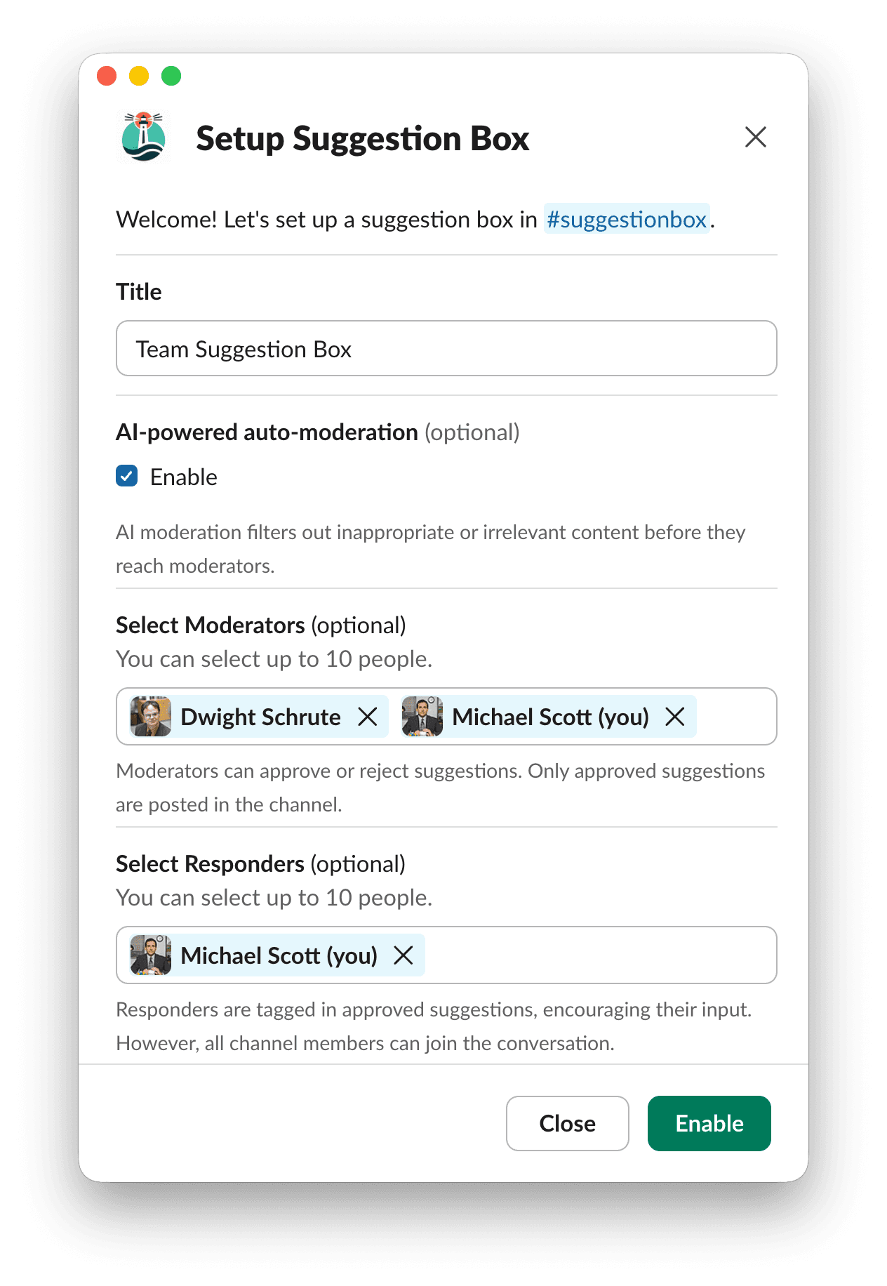A Slack modal window titled 'Setup Suggestion Box' shows OpenCulture's setup interface for a suggestion box in the channel #suggestionbox. The copy reads 'Welcome! Let's set up a suggestion box in #suggestionbox.' The user can customize the title set to 'Team Suggestion Box' and optionally enable AI-powered auto-moderation. There are two optional user selection fields: one for Moderators and one for Responders.
