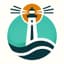 Graphic logo of a lighthouse with light beams on a circular background, with waves at the base, in a simple teal and orange color scheme.