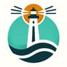 Graphic logo of a lighthouse with light beams on a circular background, with waves at the base, in a simple teal and orange color scheme.