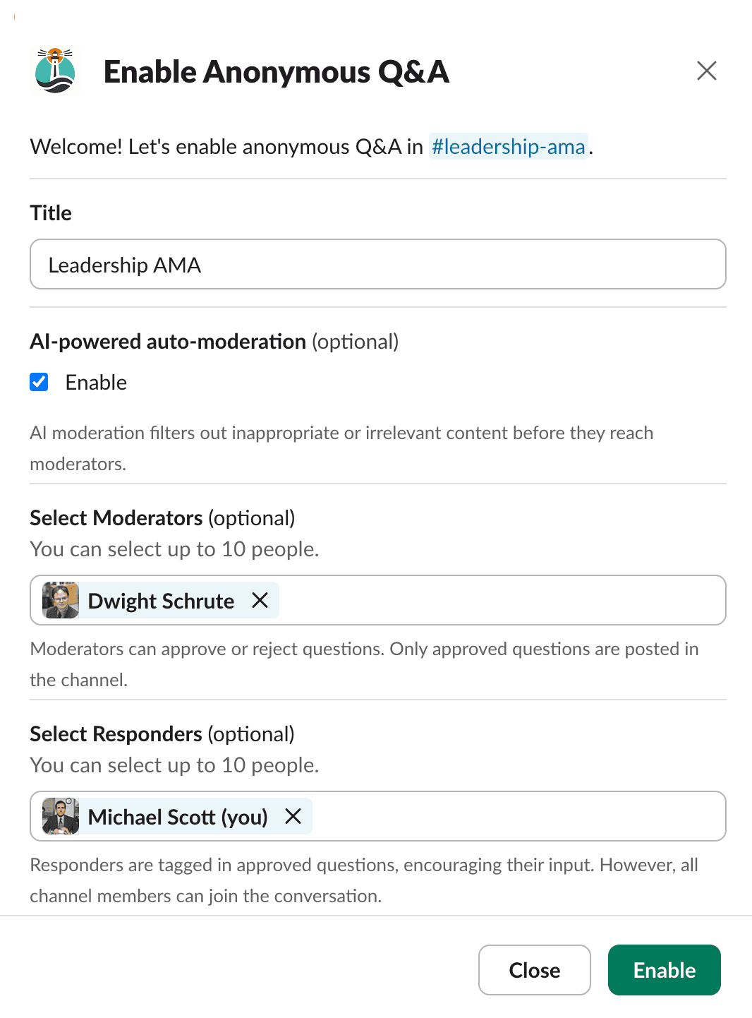 Screenshot of a Slack pop-up for OpenCulture Bot's 'Enable Anonymous Q&A' feature. It includes a welcome message and options to activate AI-powered auto-moderation, select moderators, and responders for a #leadership-ama Slack channel. At the bottom are two buttons: 'Close' and 'Enable'.