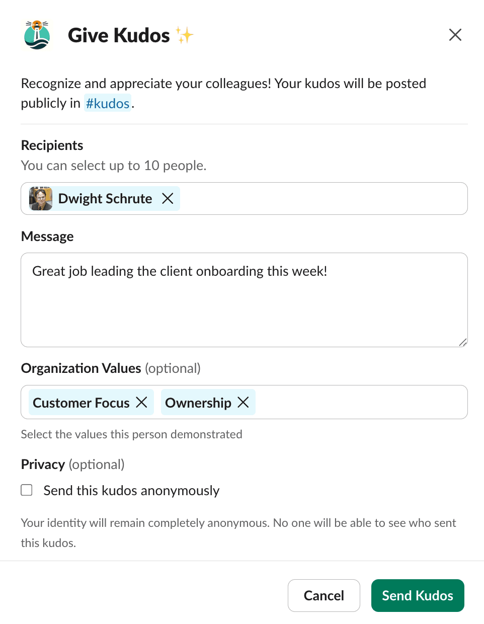 OpenCulture kudos message posted in a Slack channel celebrating a teammate's contribution