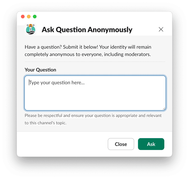 Popup window of OpenCulture slack app to submit anonymous questions with text box and submit button