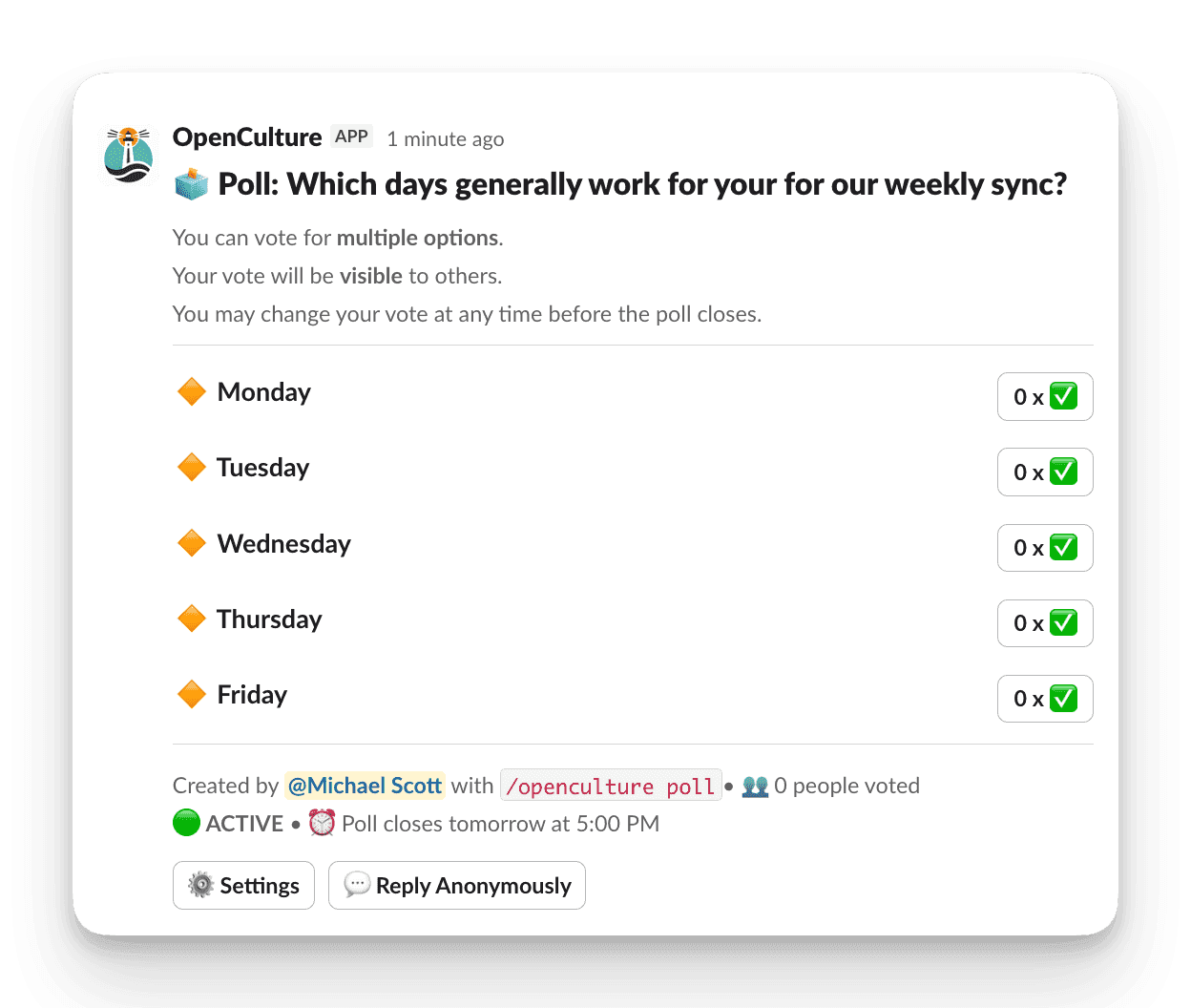 Slack message of a multiple choice poll displaying weekly sync timing options; votes currently at zero