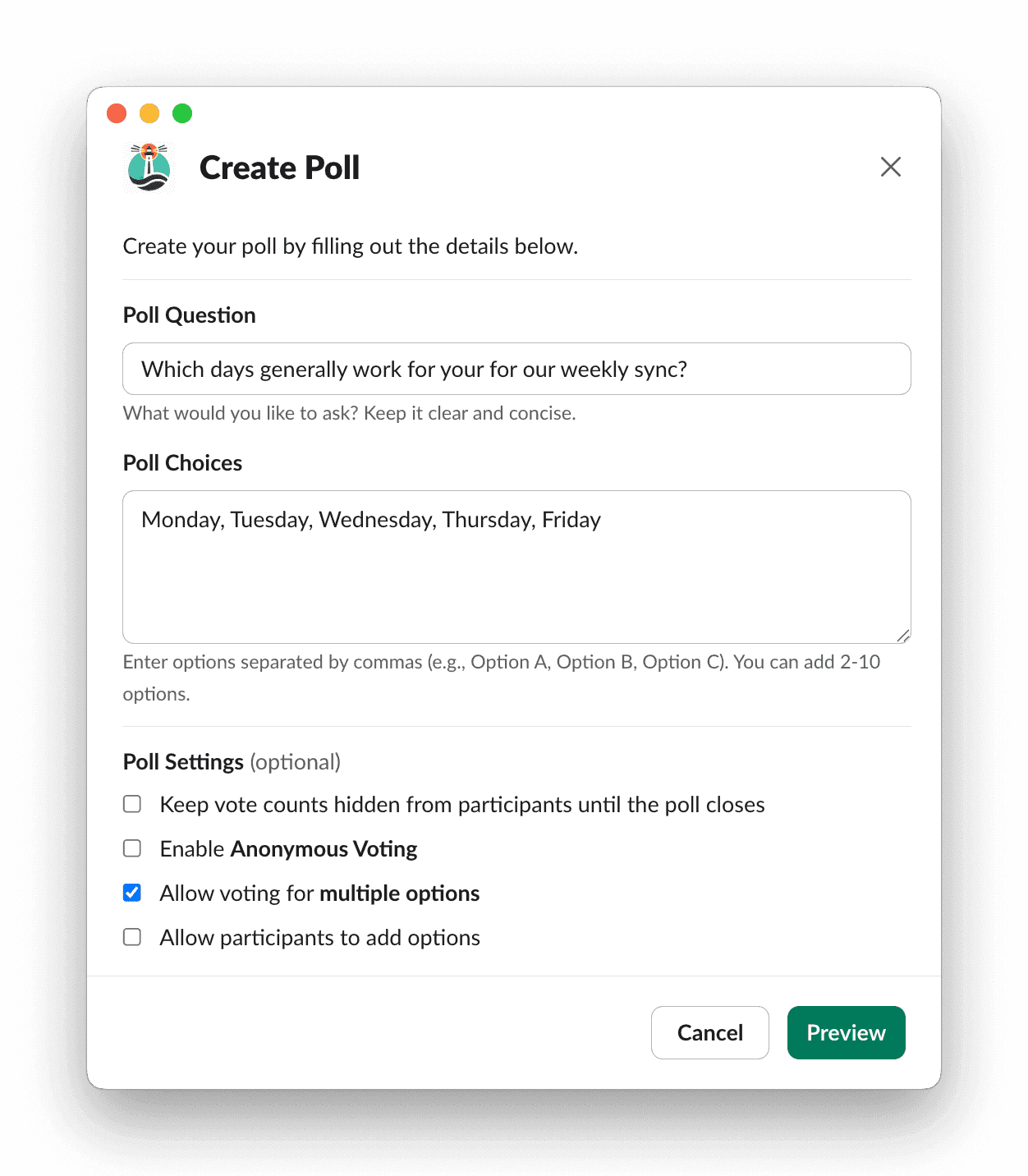 Slack app window for Poll creation interface for weekly sync day options with multiple choice checkbox enabled