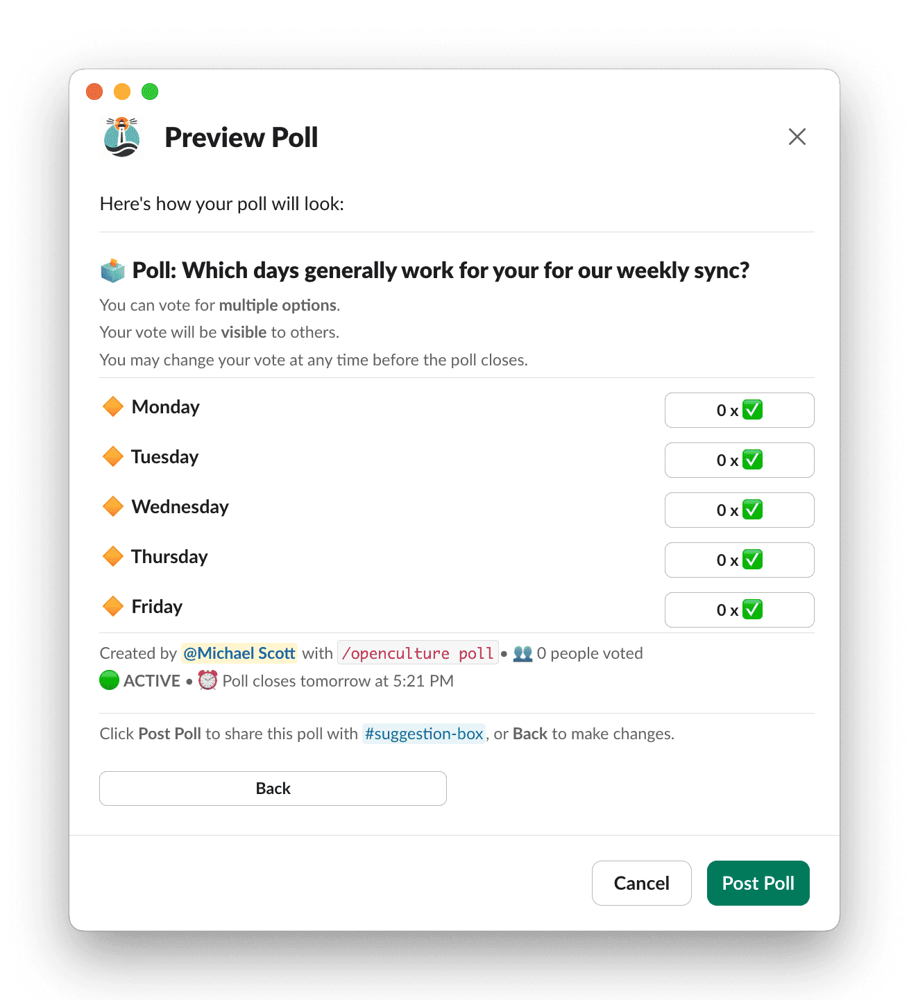 Slack app window for multiple choice poll preview