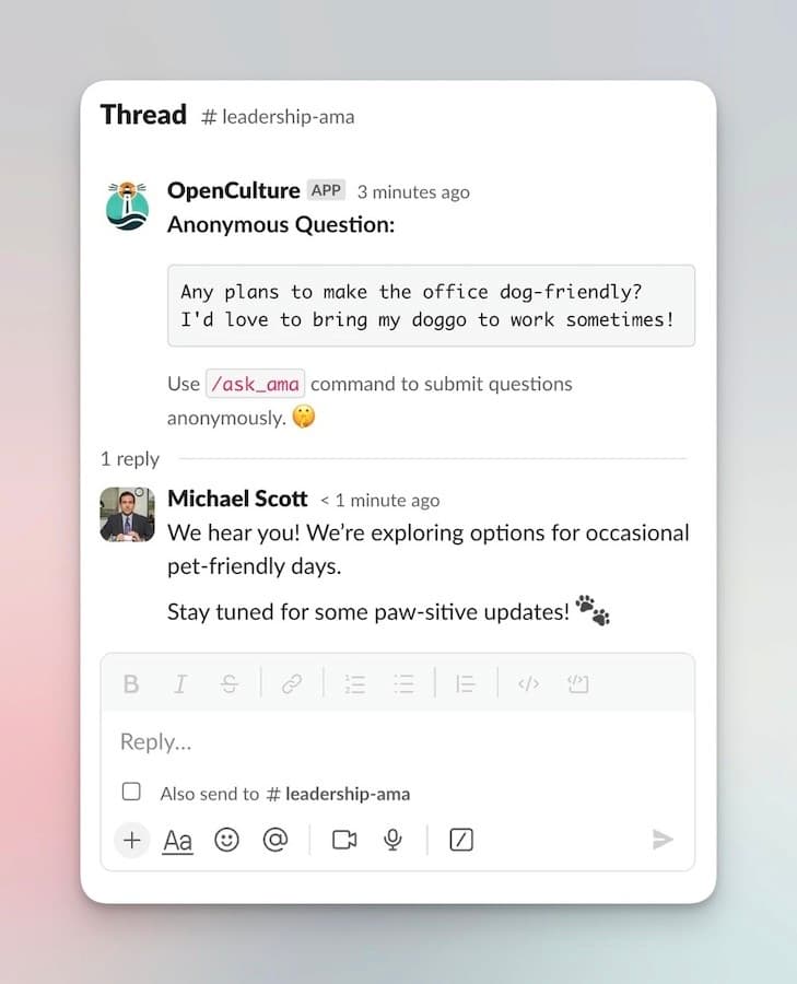 Slack thread showing an anonymous question submitted using OpenCulture about making the office dog-friendly