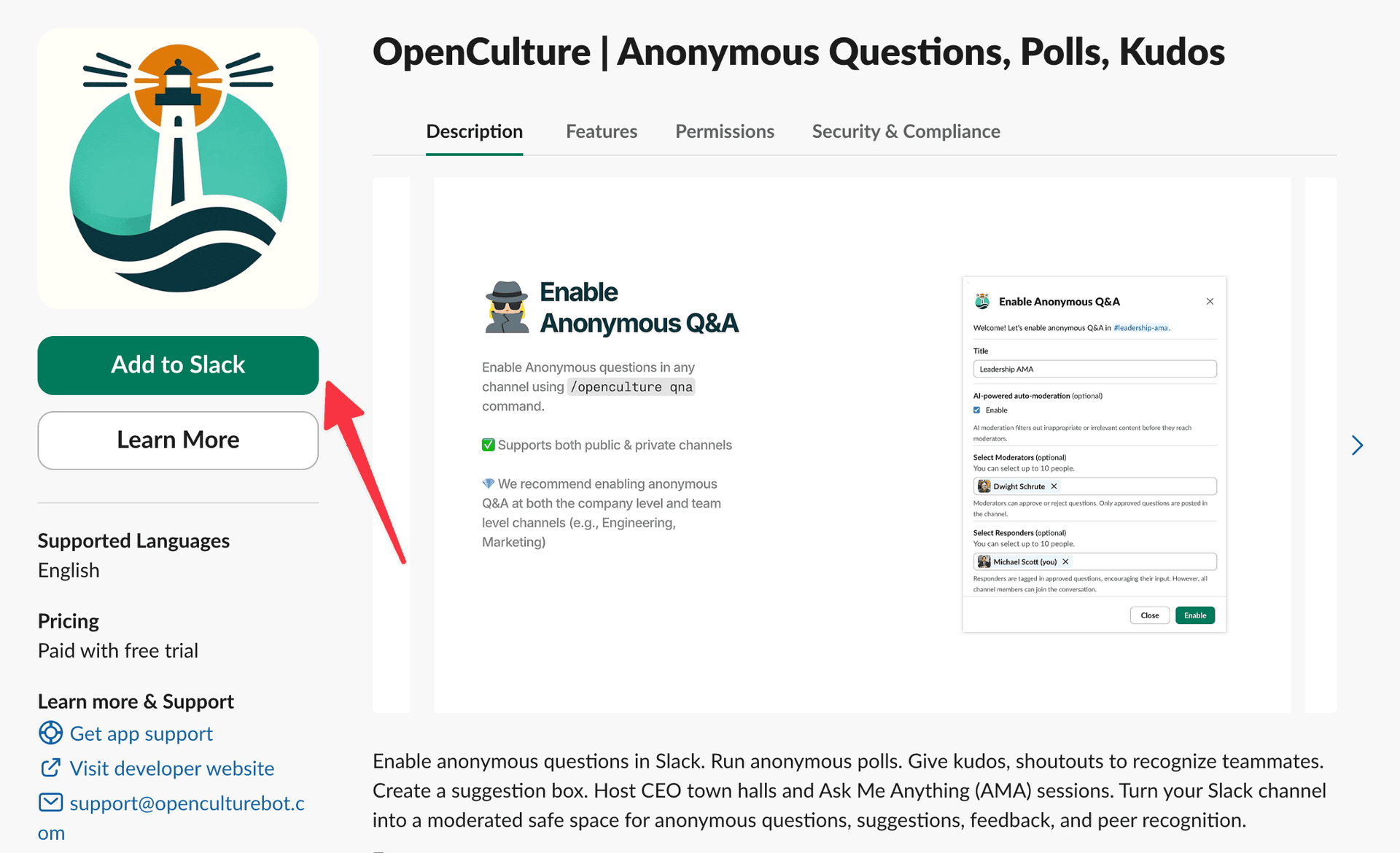Slack marketplace listing of OpenCulture app with the Add to Slack button highlighted by a red arrow