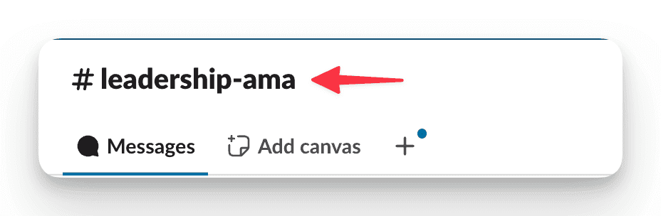 Slack interface showing the channel name "leadership-ama" with a red arrow pointing at it
