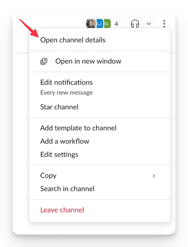 Dropdown menu in Slack with "Open channel details" highlighted by a red arrow