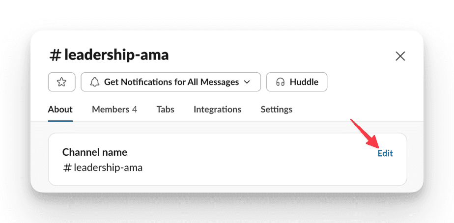 Slack channel settings with "Edit" option highlighted for renaming
