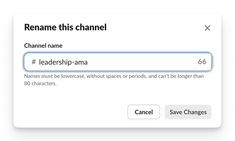 "Rename this channel" dialog with field for new name "# leadership-ama"