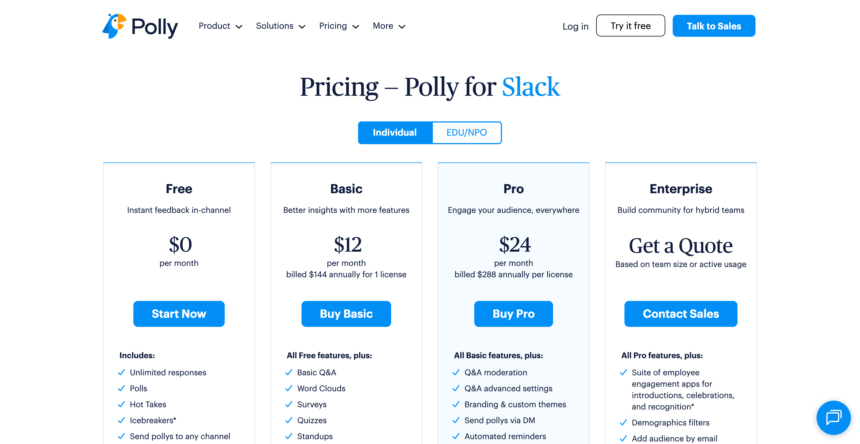 Polly pricing page showing Free, Basic ($12/month), Pro ($24/month), and Enterprise tiers