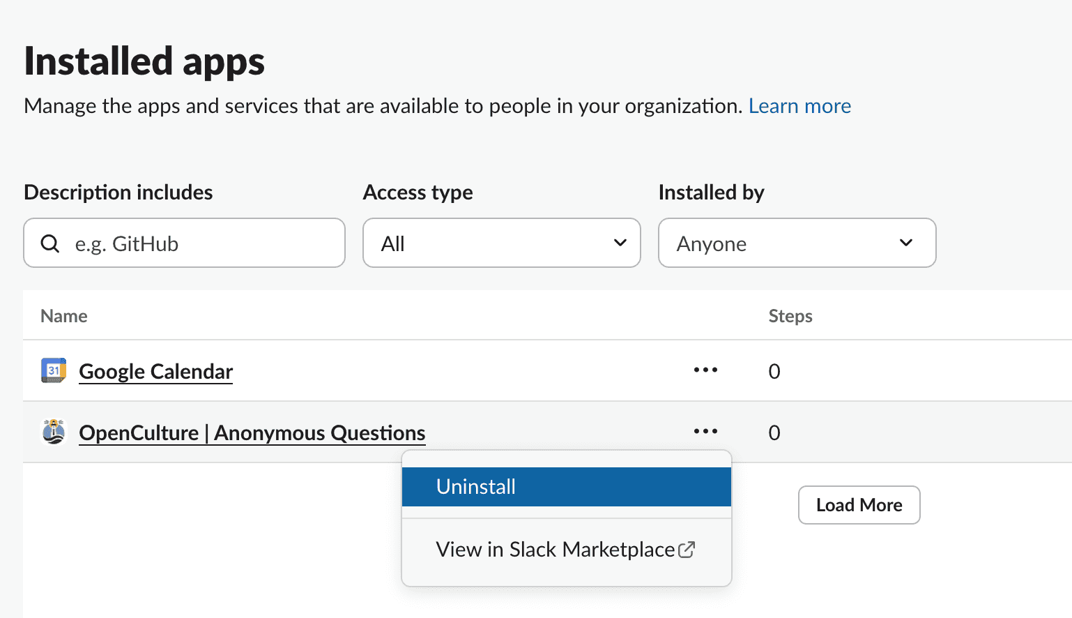 Menu showing installed apps in Slack with the option to uninstall OpenCulture