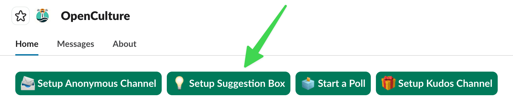 The OpenCulture app Home tab in Slack showing a row of setup buttons — Setup Anonymous Channel, Setup Suggestion Box, Start a Poll, and Setup Kudos Channel — with a green arrow pointing to the 'Setup Suggestion Box' button.