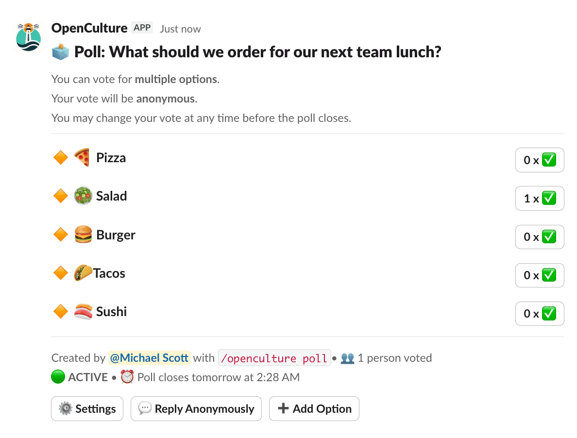 OpenCulture poll posted in a Slack channel showing anonymous voting options with vote counts