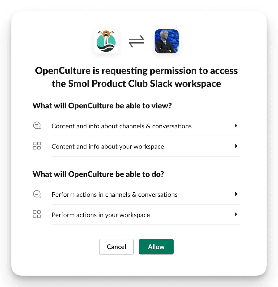 OpenCulture requests permission to access and perform actions in the Slack workspace