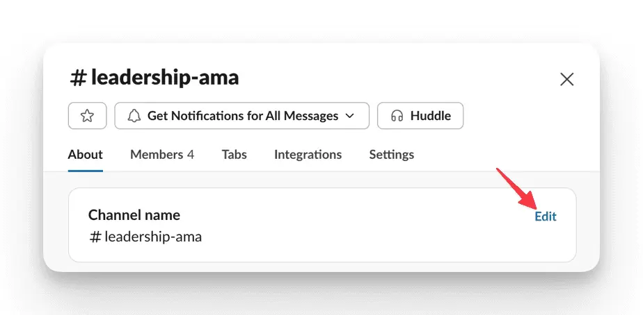 Slack channel settings with "Edit" option highlighted for renaming