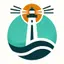 Graphic logo of a lighthouse with light beams on a circular background, with waves at the base, in a simple teal and orange color scheme.