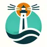 Graphic logo of a lighthouse with light beams on a circular background, with waves at the base, in a simple teal and orange color scheme.