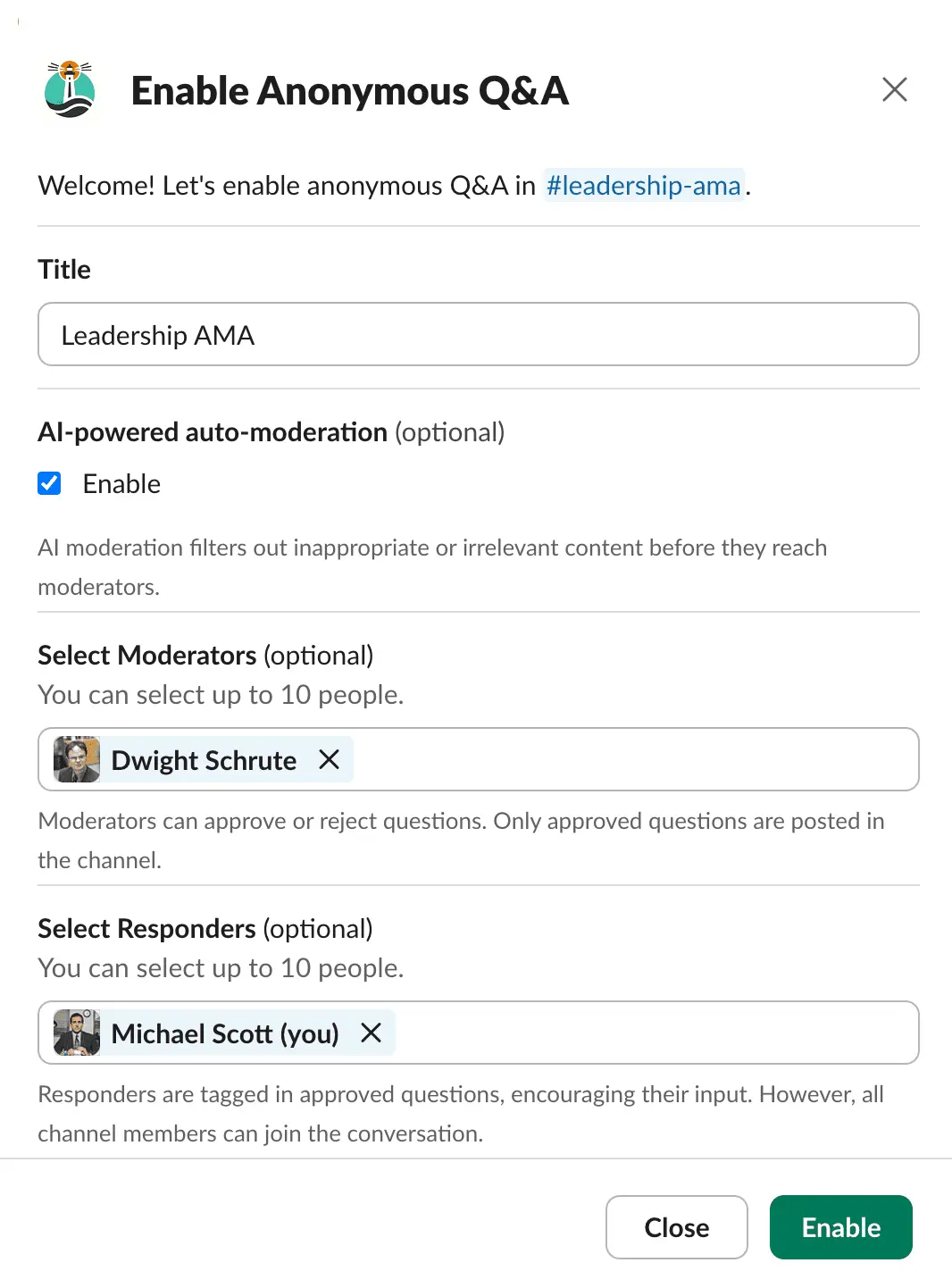Screenshot of a Slack pop-up for OpenCulture Bot's 'Enable Anonymous Q&A' feature. It includes a welcome message and options to activate AI-powered auto-moderation, select moderators, and responders for a #leadership-ama Slack channel. At the bottom are two buttons: 'Close' and 'Enable'.